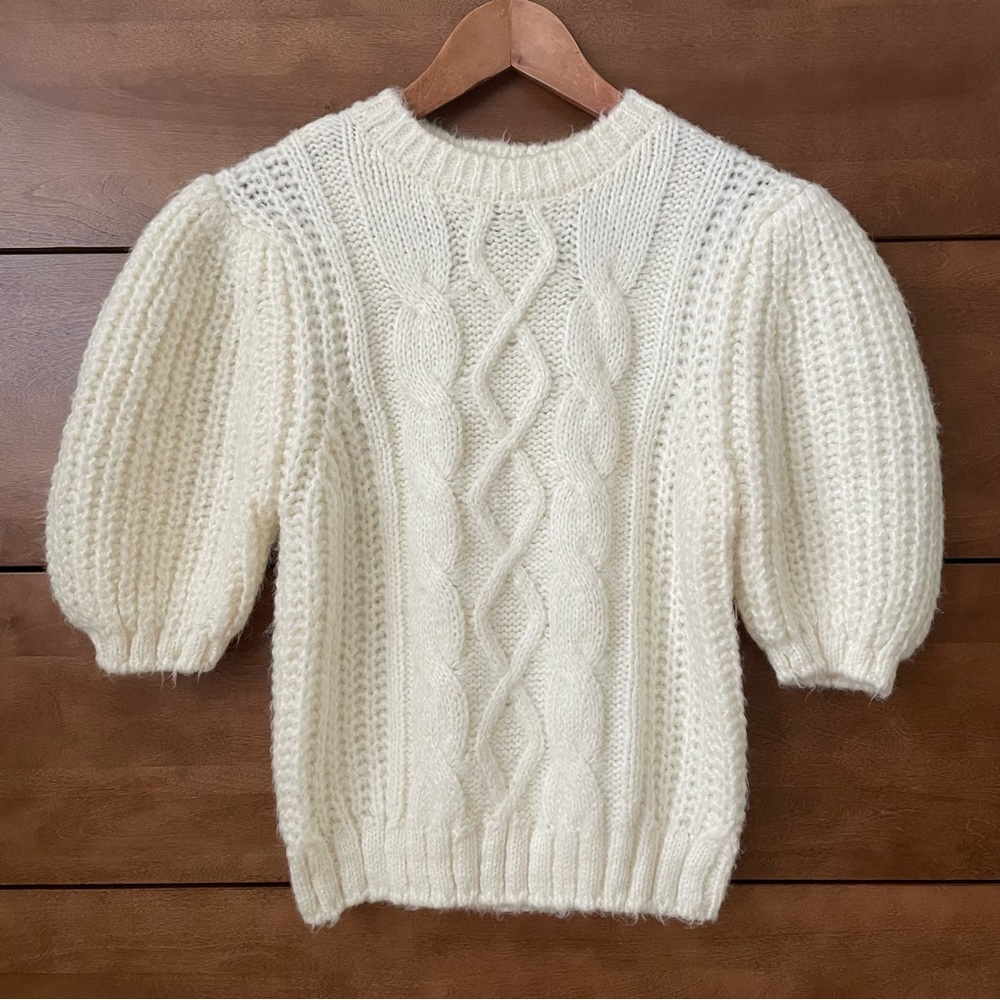 Cable Knit Puff Short Sleeve Crop Alpaca Wool Sweater Medium